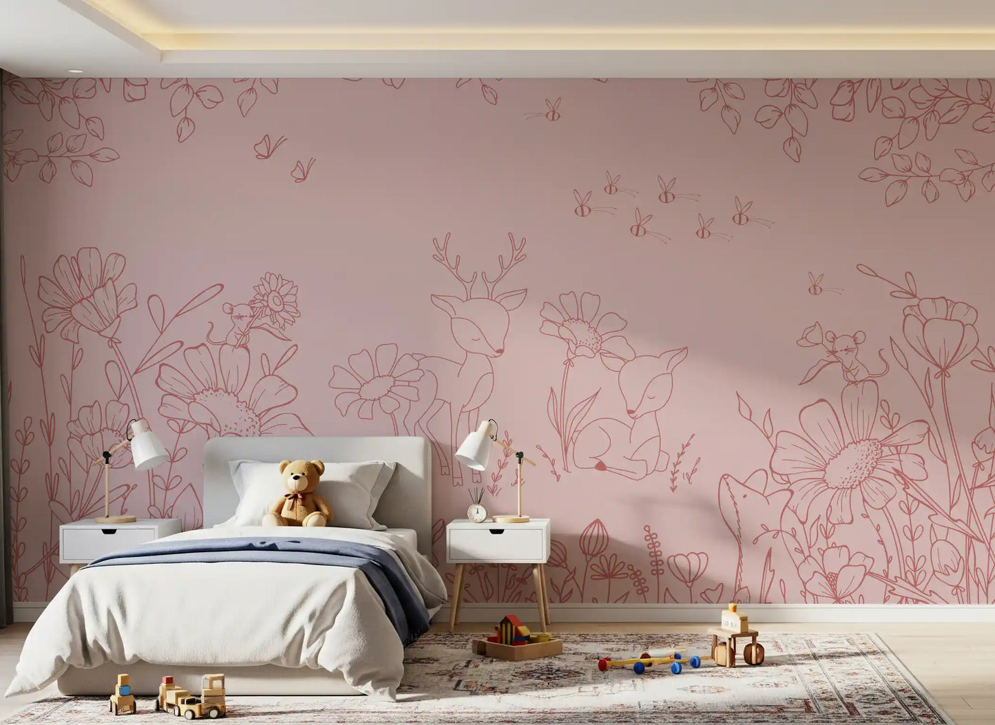 Deer Doodles Pink Dark Wall Mural