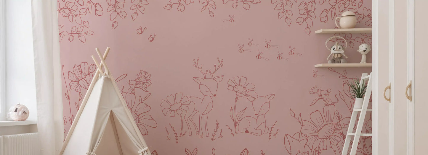 Deer Doodles Pink Dark Wall Mural