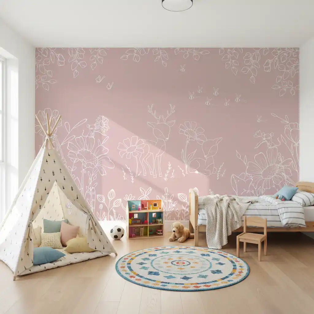 Deer Doodles Pink Wall Mural