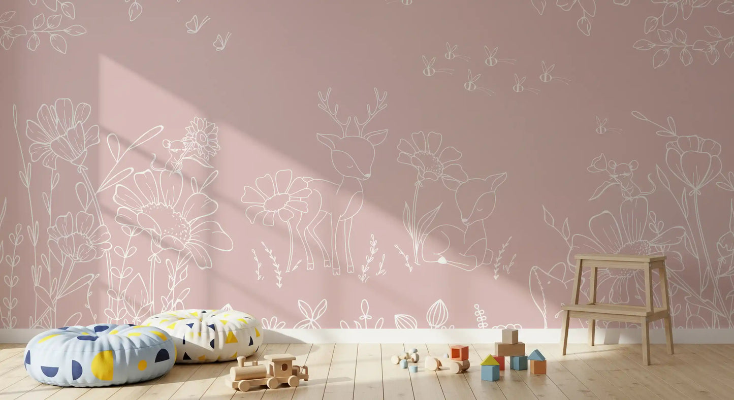 Deer Doodles Pink Wall Mural