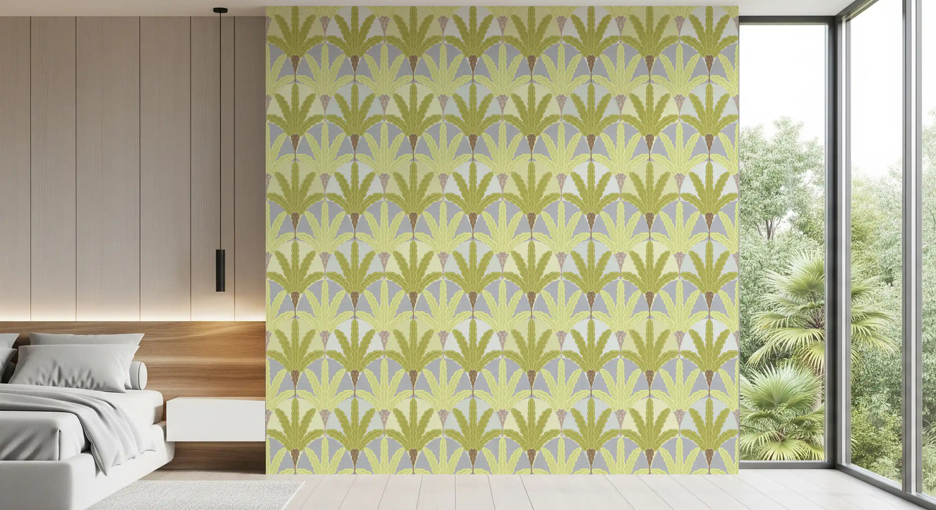 Modern Bedroom wall featuring Verdant Fan Pattern wallpaper with fan leaf design