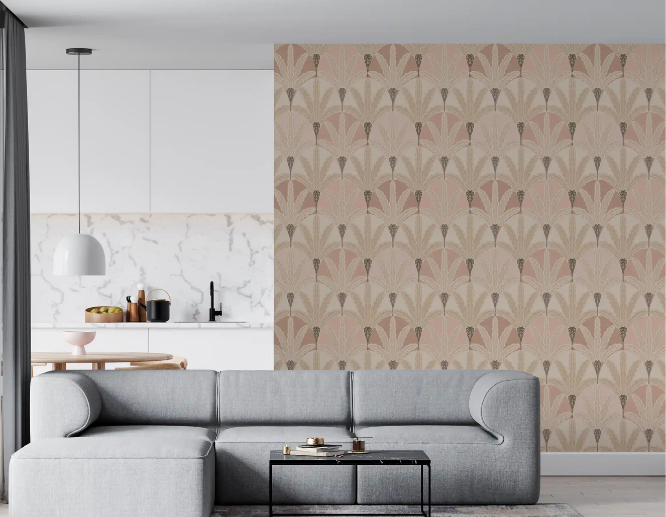 Living room wall featuring Blush Deco Foliage wallpaper with soft leaf design
