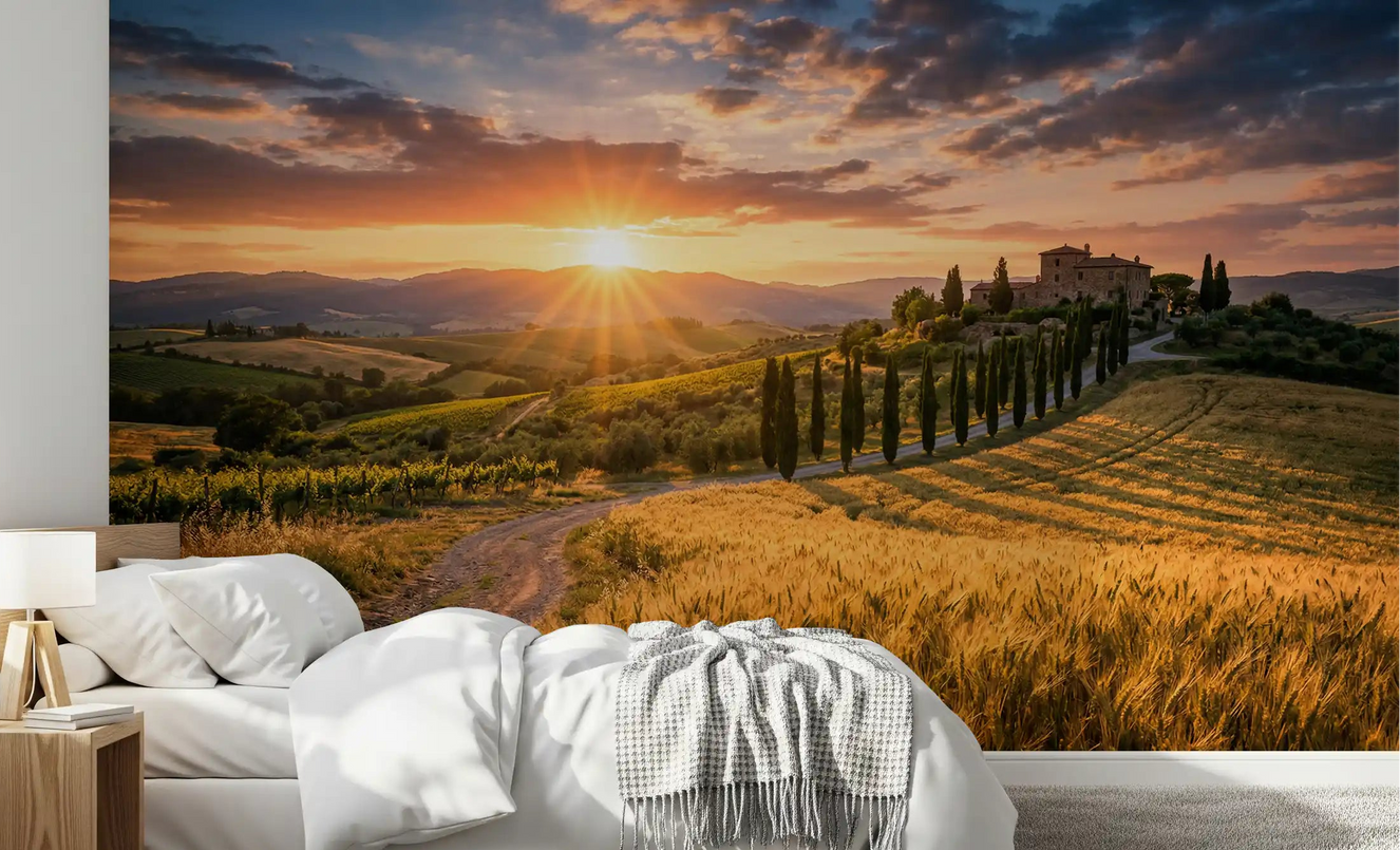 Bedroom interior shows Tuscan Golden Hour wall mural field scene