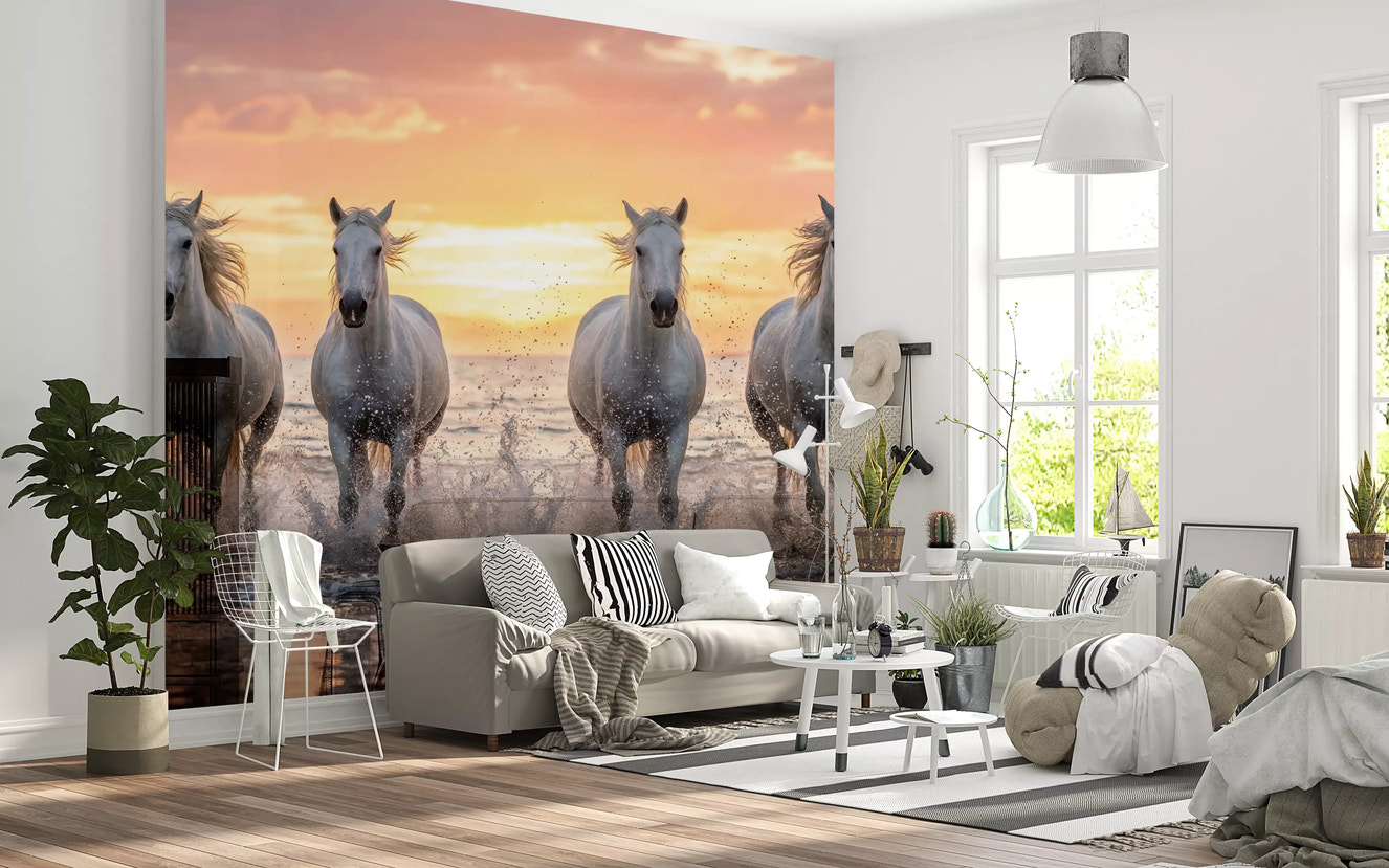 Hallway styled using Wild Horses Golden Shore wall mural beach