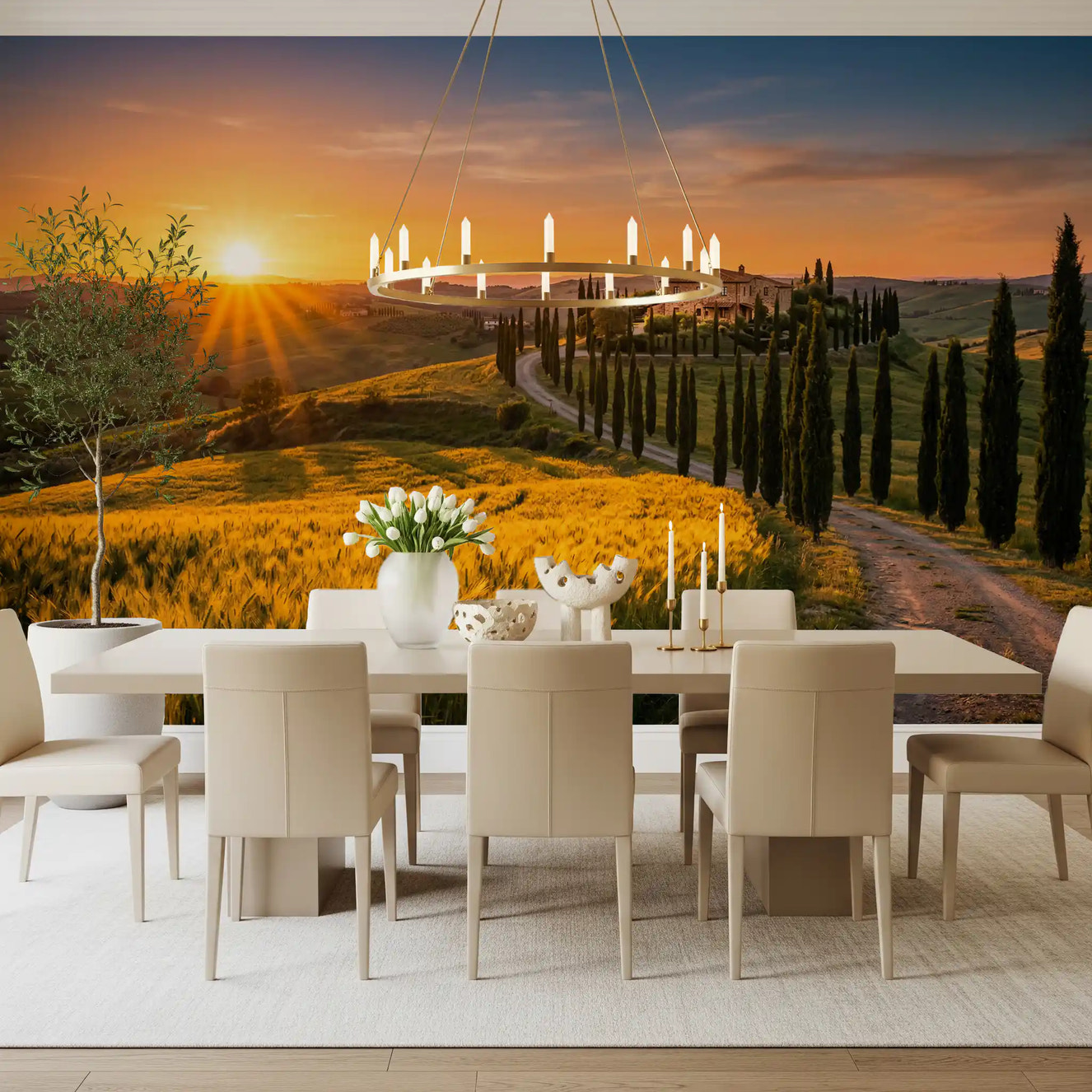 Dining room styled using Tuscan Golden Hour wall mural countryside