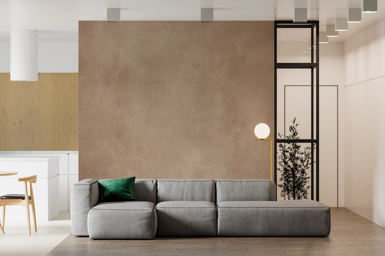 Living room interior styled with Dirty Paper Blush wall mural in soft pink tones