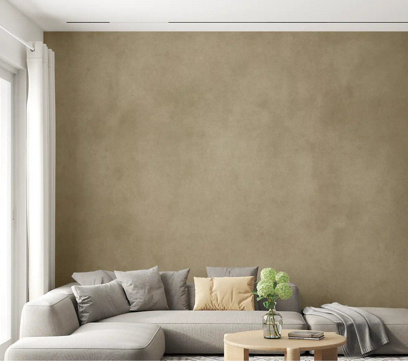 Living room styled with Dirty Paper Chamois wall mural in soft beige texture