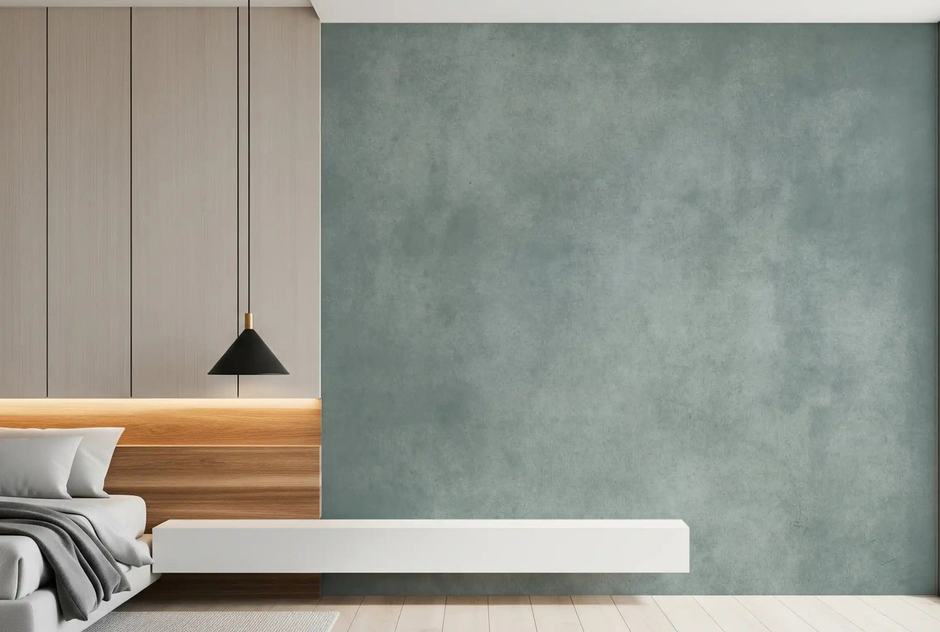 Bedroom wall featuring Dirty Paper Pool wall mural with aged plaster effect