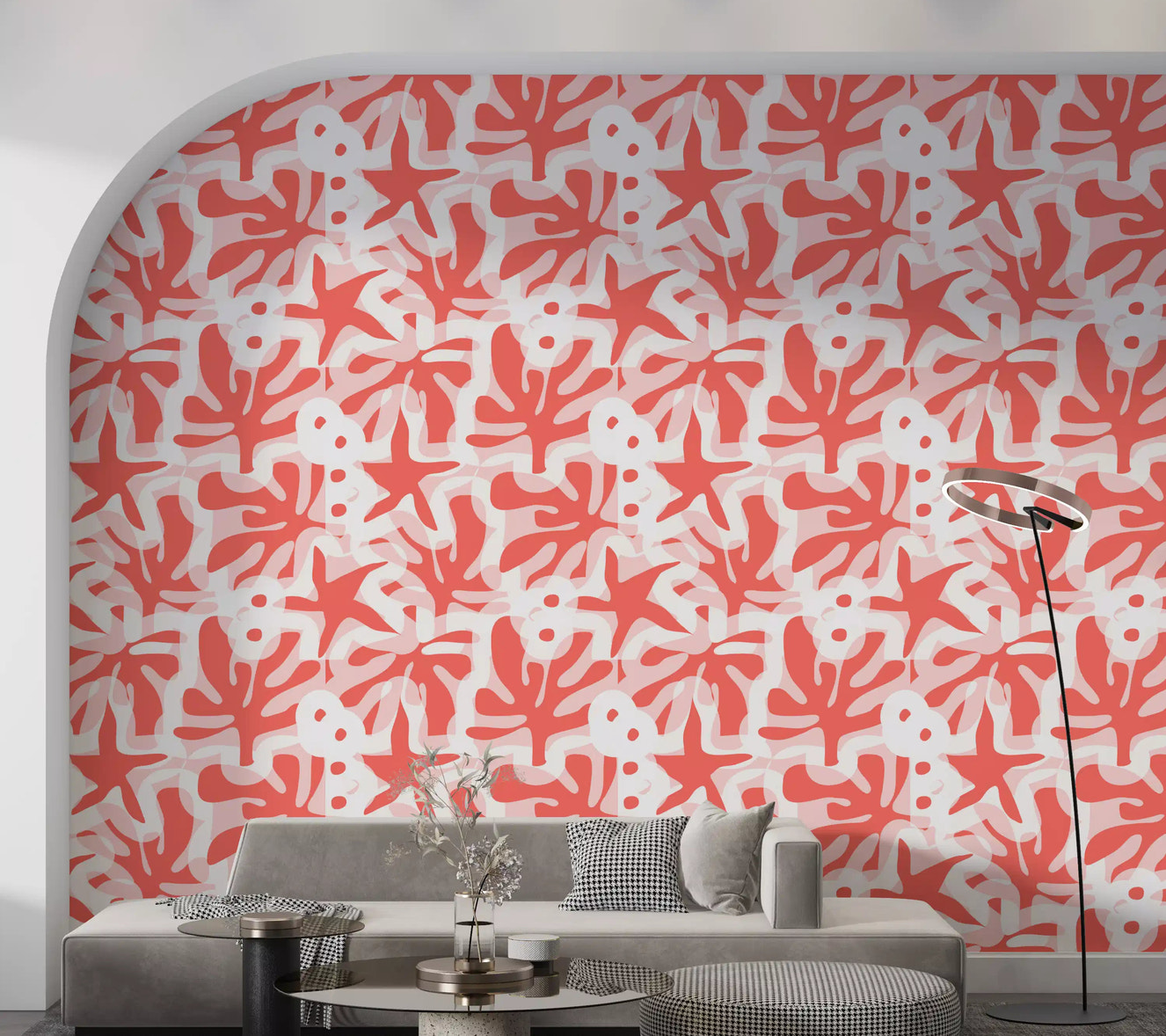 Living room styled with Coral Bloom Overlay wallpaper abstract coral shapes