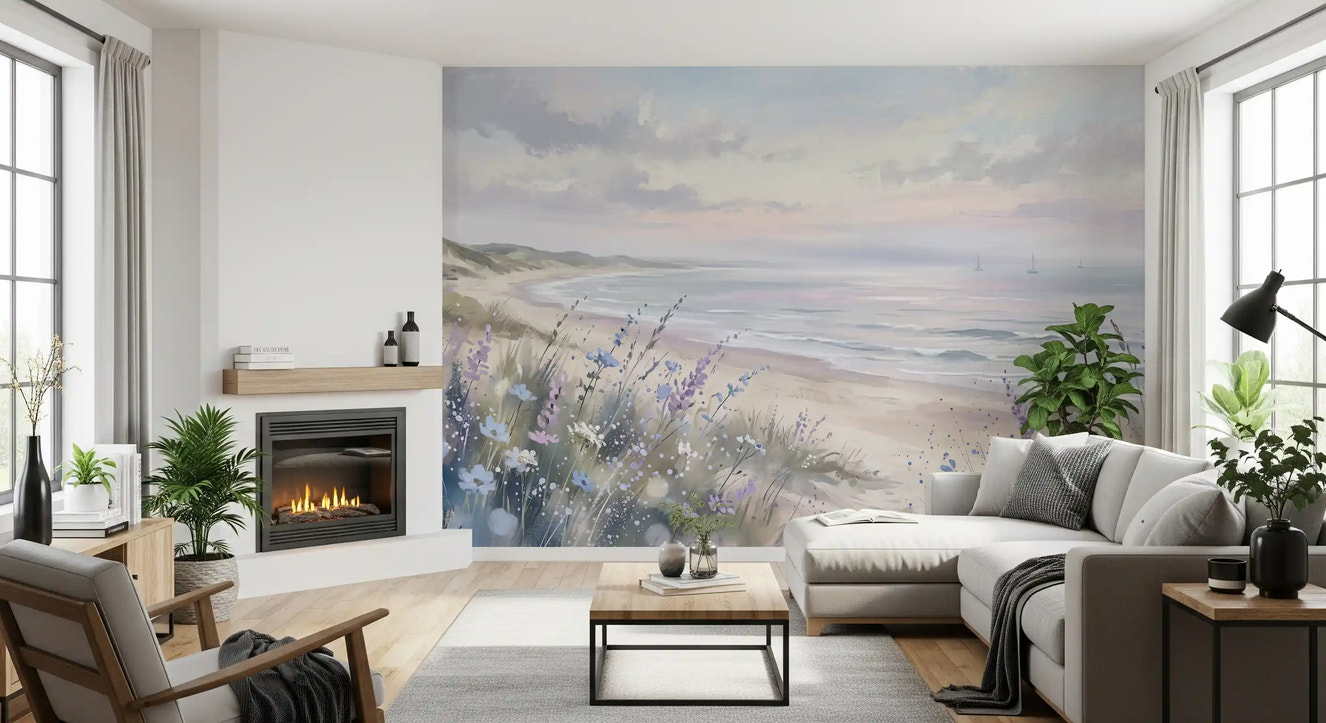 Living room styled with Seaside Serenity & Dune Blooms wall mural beach