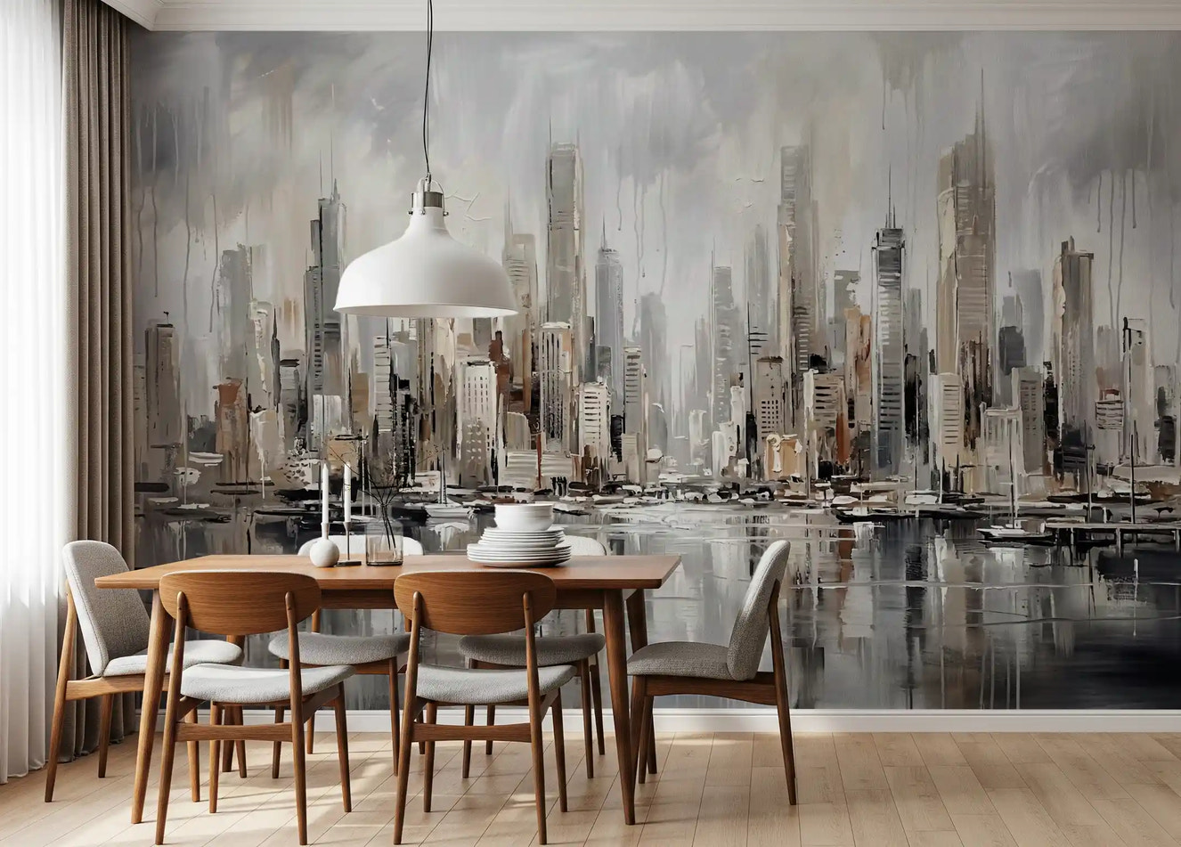 Dining room design using Urban Tide cityscape reflection wall mural urban view