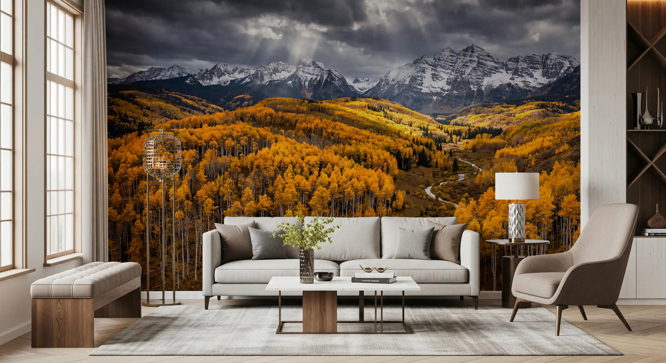 Living room styled with Sunlit Aspen Valley wall mural golden forest view