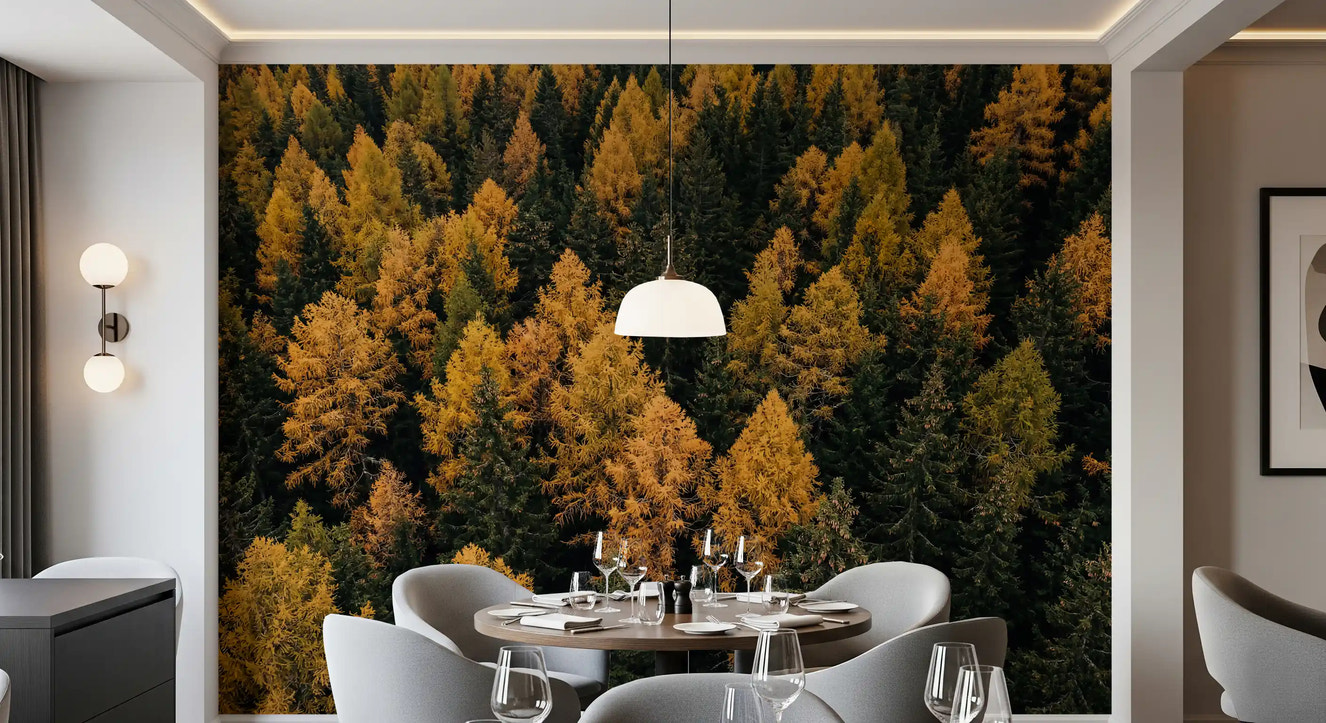Dining room styled with Autumnal Woods Symphony wall mural forest scene