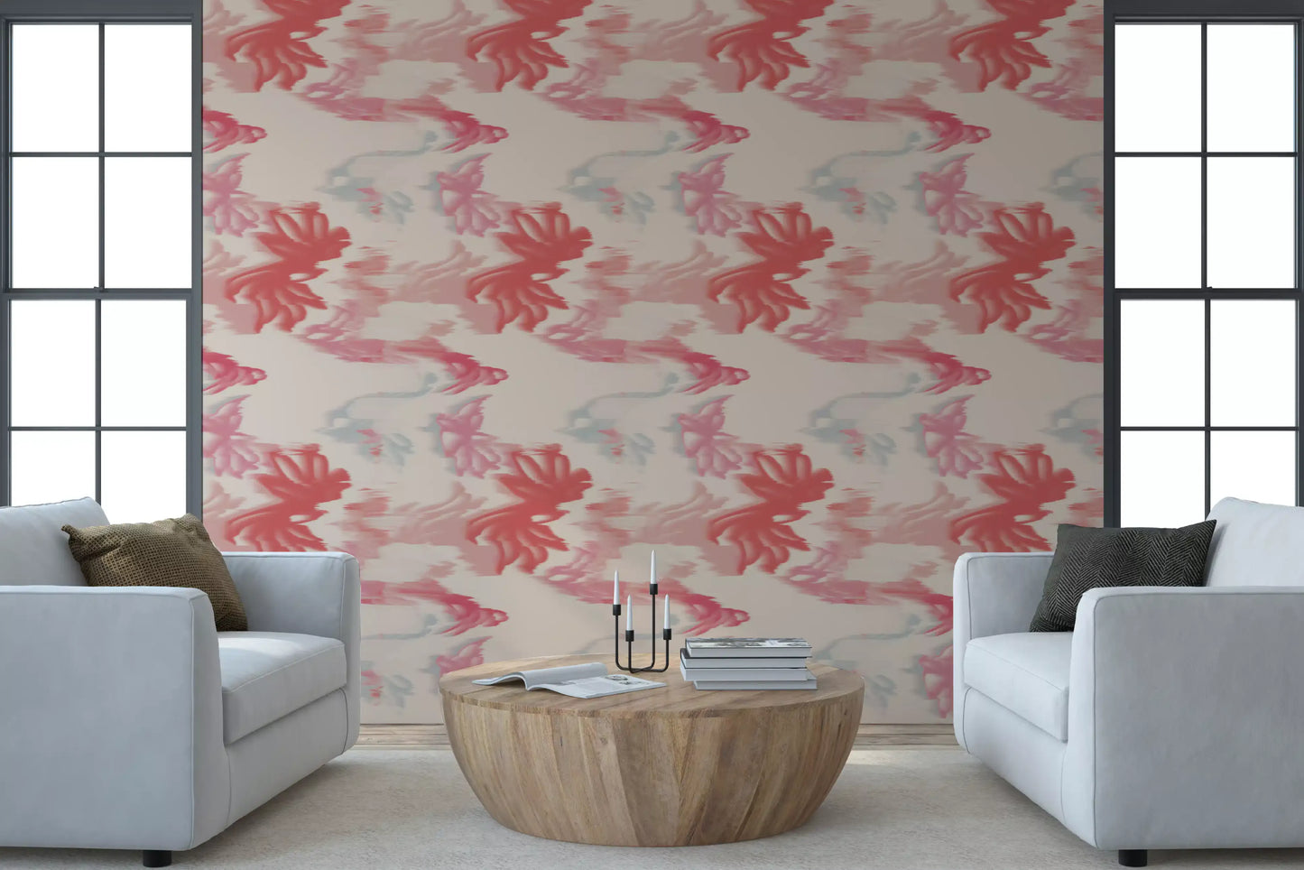Hallway space with Soft Blush Flow wallpaper showing fluid pink design