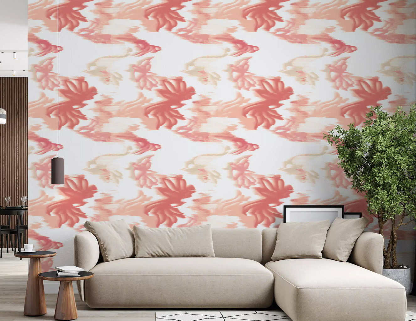 Living room styled with Coral Mist Flow wallpaper and soft coral wave texture