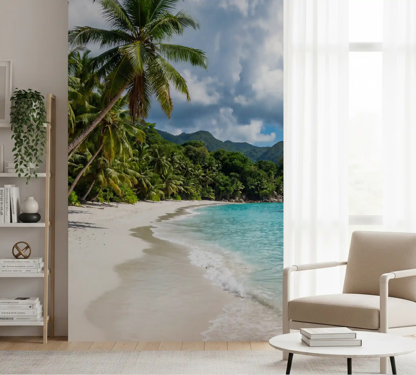 Hallway featuring Palm-Fringed Serenity wall mural and white sand beach view