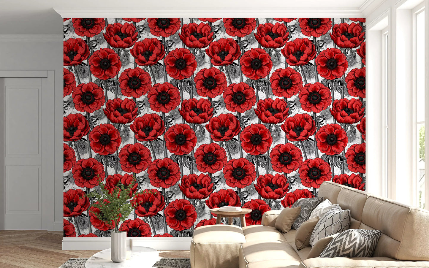 Red anemone garden on white Wallpaper⁠