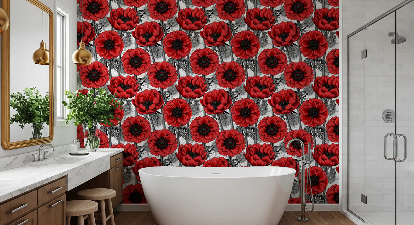 Red anemone garden on white Wallpaper⁠