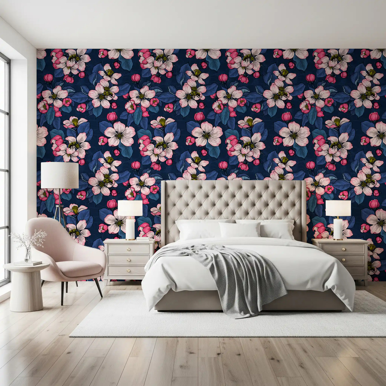 Bedroom styled with Apple Blossom on Dark Blue Wallpaper and bee details