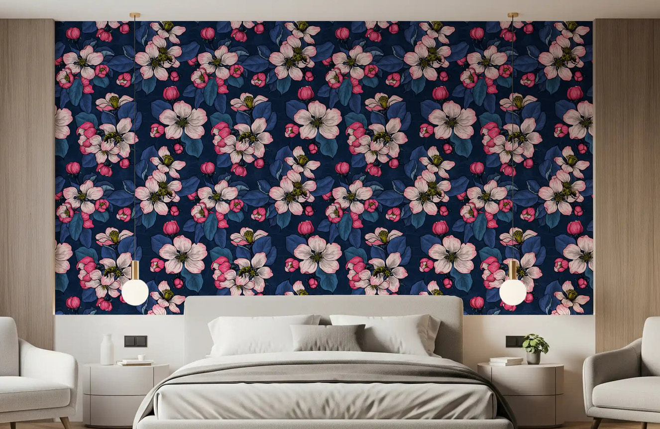 Apple Blossom on Dark Blue Wallpaper in bedroom with pink floral pattern