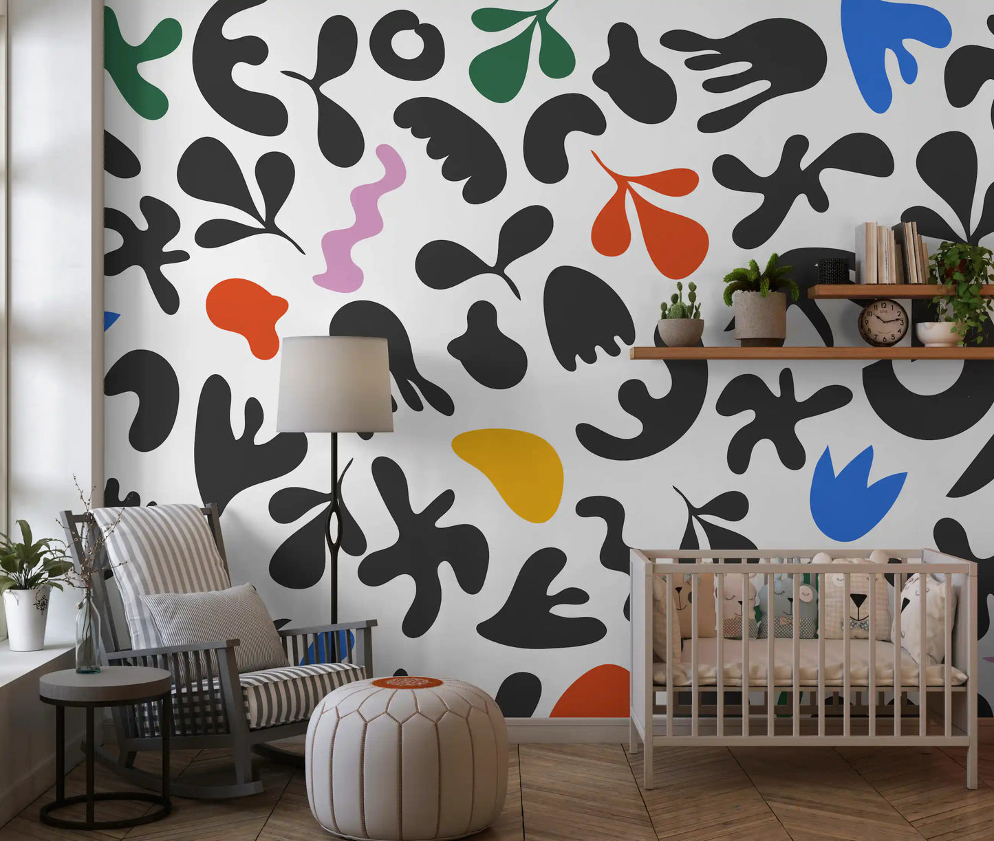 Scattered cutout motifs define Dynamic Abstract Shapes wall mural