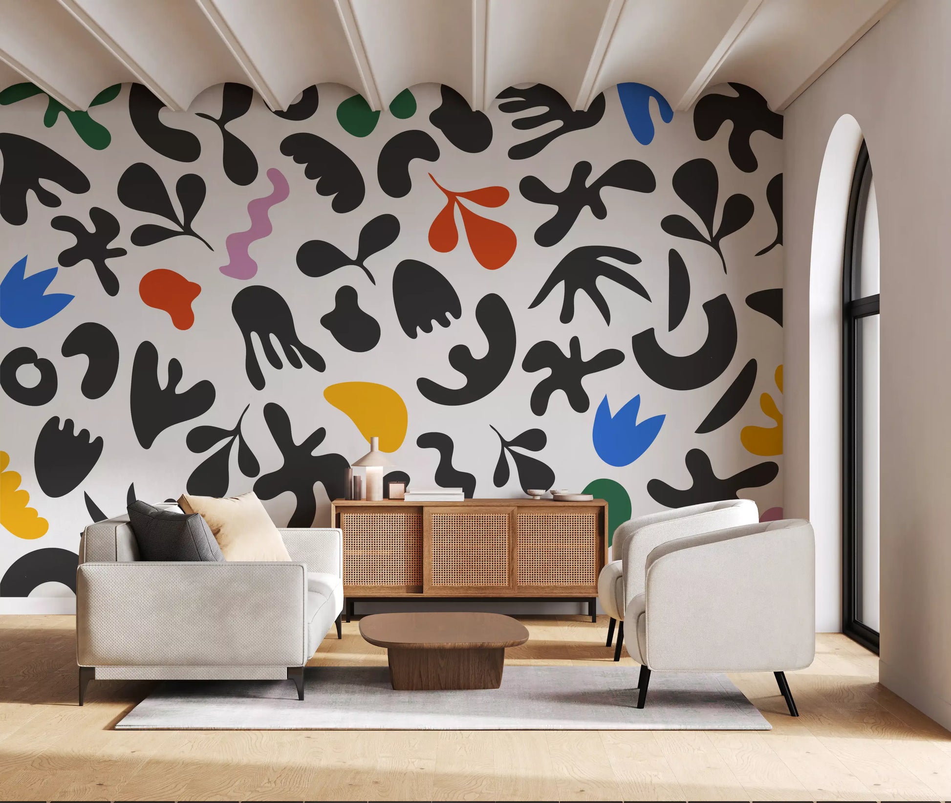 Hallway finished with Dynamic Abstract wall mural and bright forms