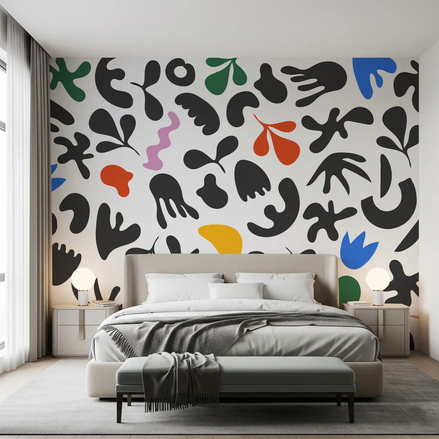 Bedroom styled with Abstract Shapes wall mural and lively motifs