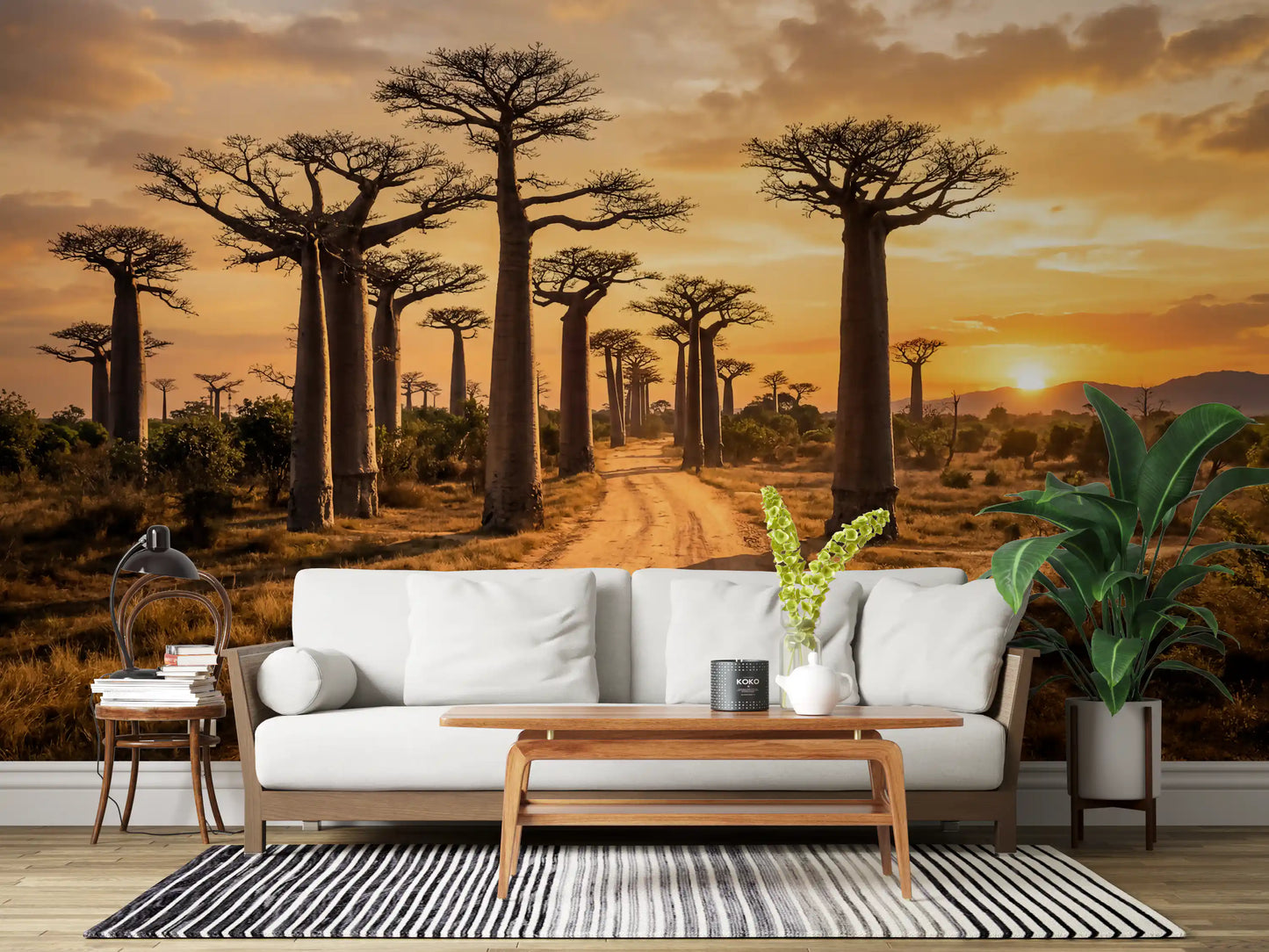 Wide savannah composition in Golden Baobab Path wall mural