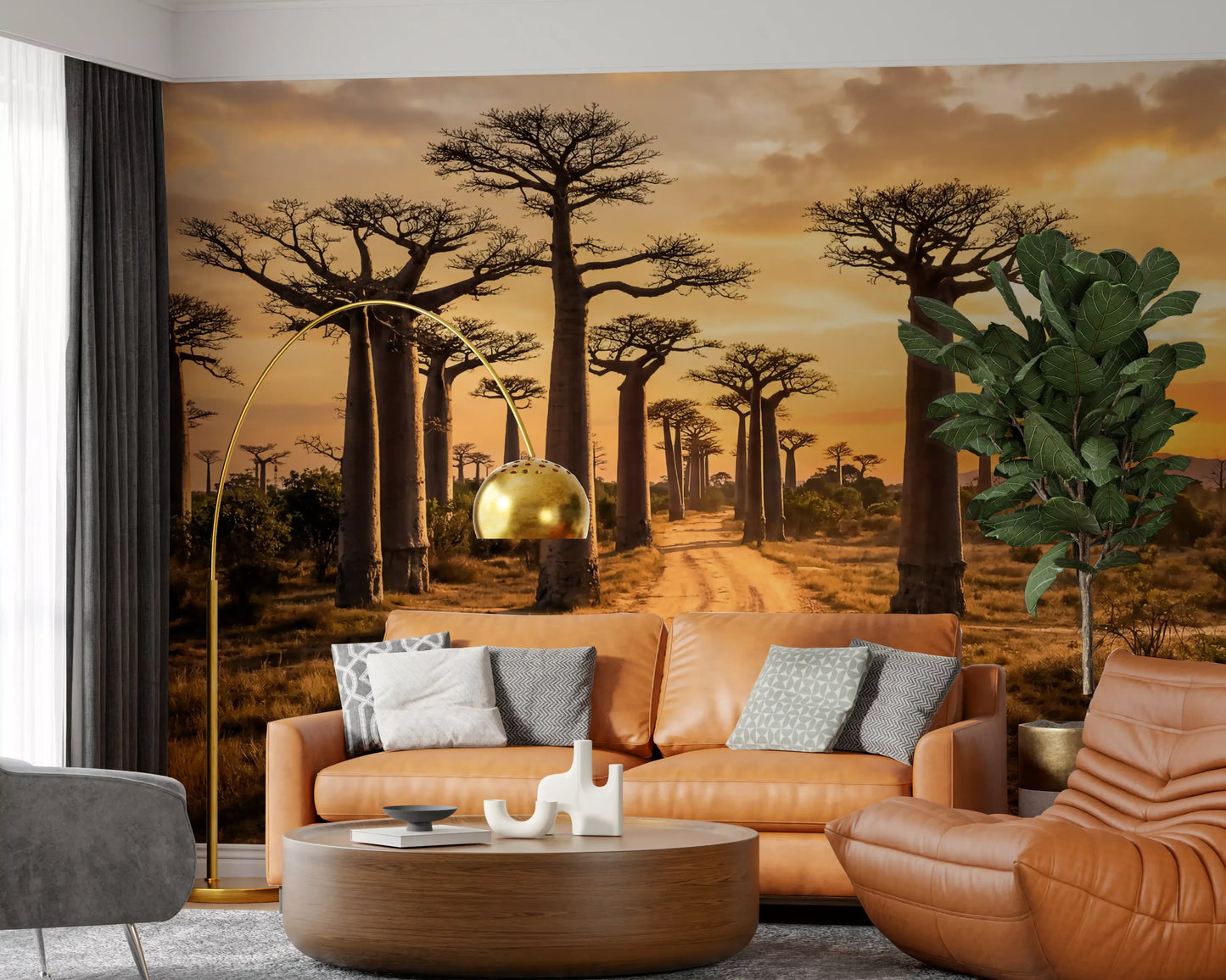 Hallway styled in Baobab Path wall mural with golden road scene