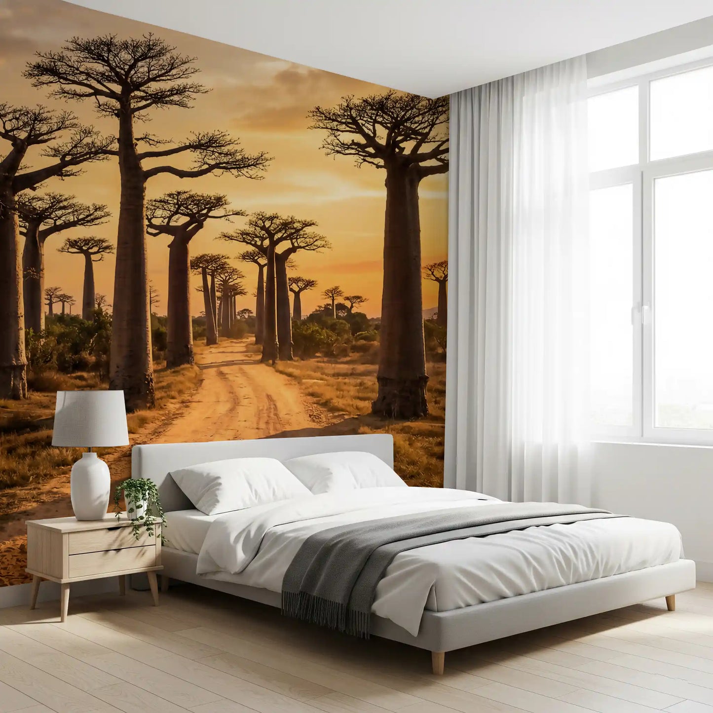 Warm landscape depth across Baobab Path wall mural with tall trees