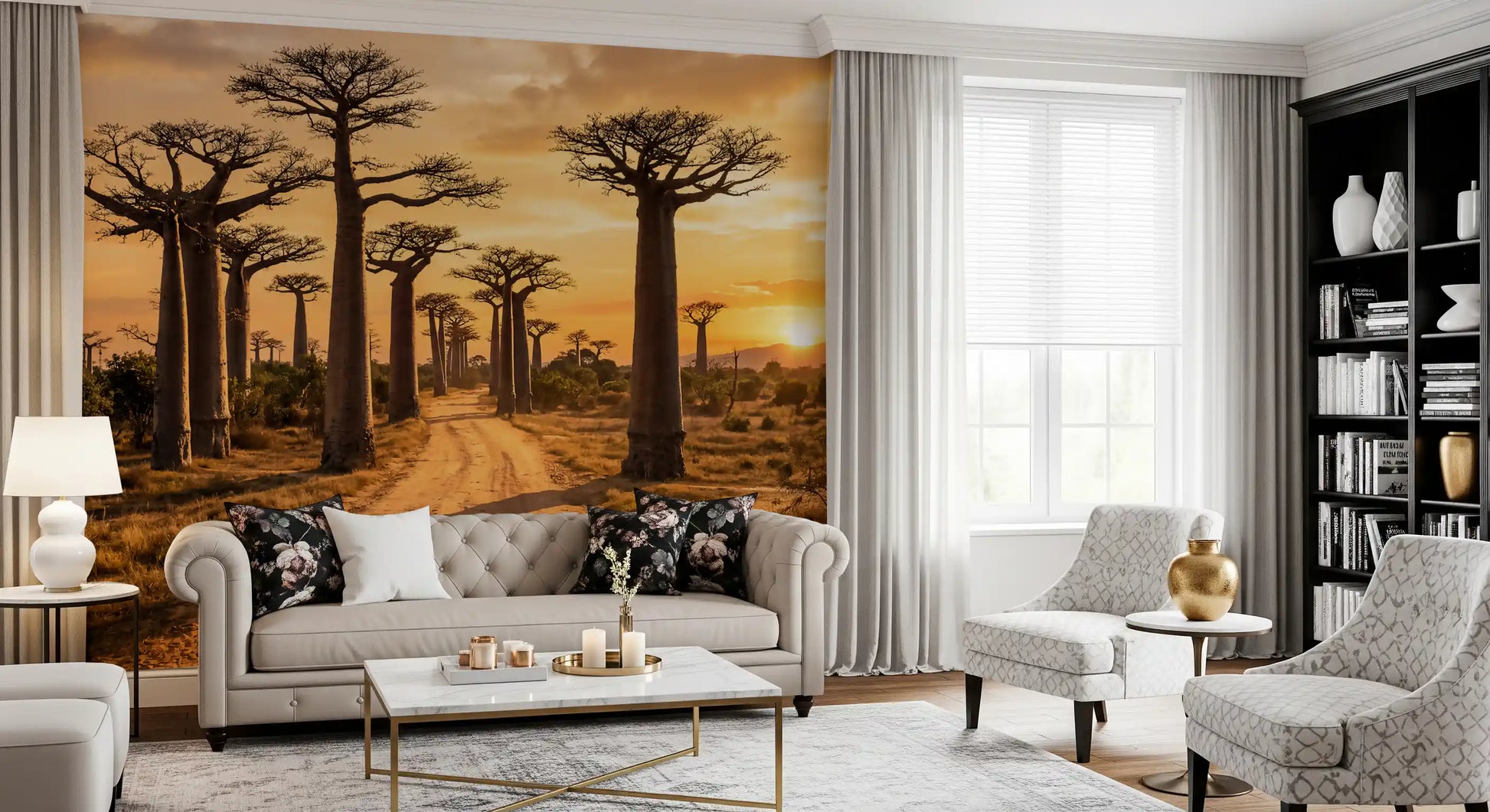 Earthy trail view in Golden Baobab wall mural with glowing sky