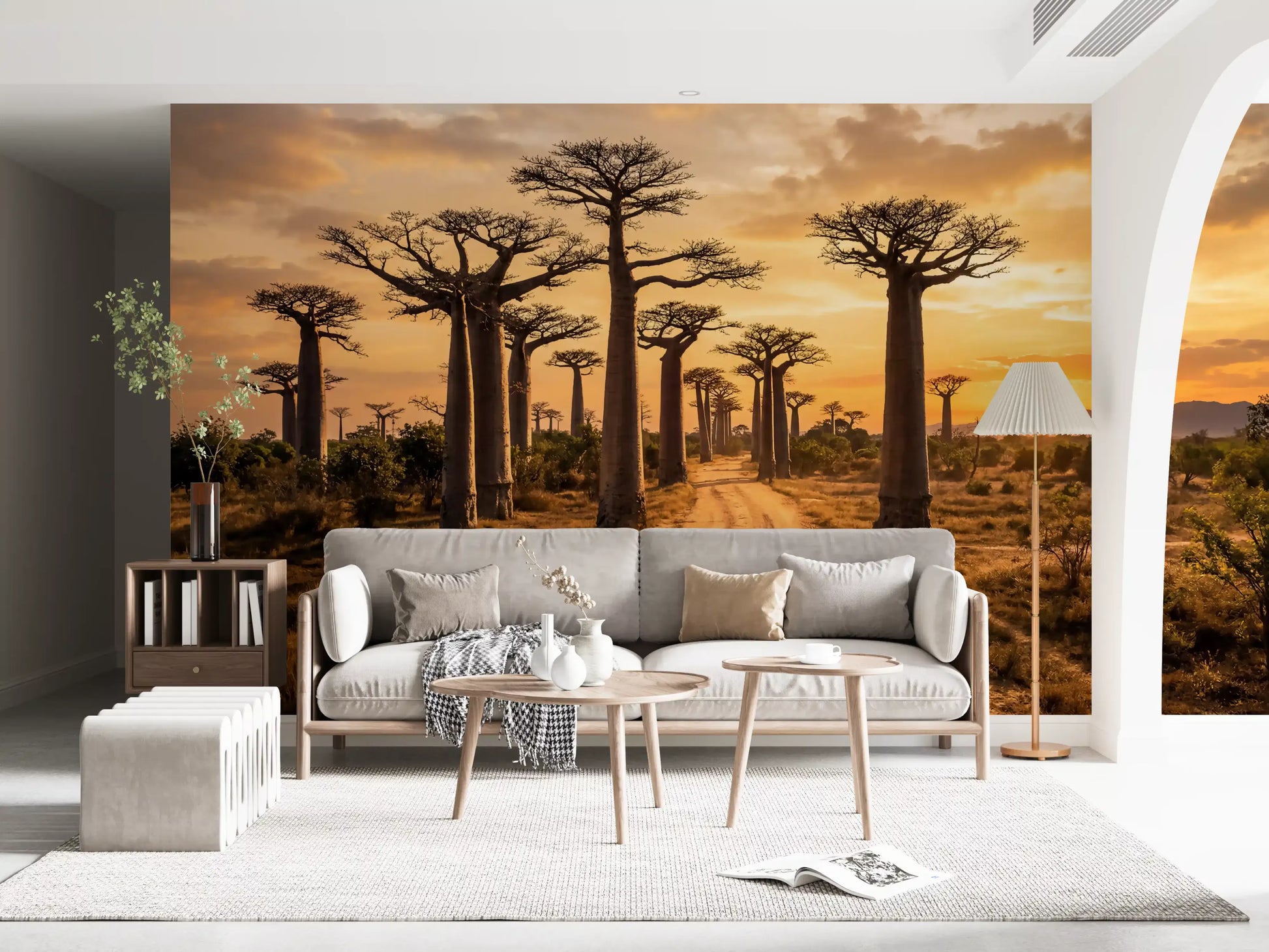 Sunlit savannah scene in Golden Baobab Path wall mural design