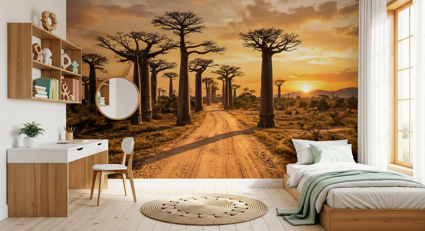 Golden sky and baobab silhouettes in Baobab Path wall mural
