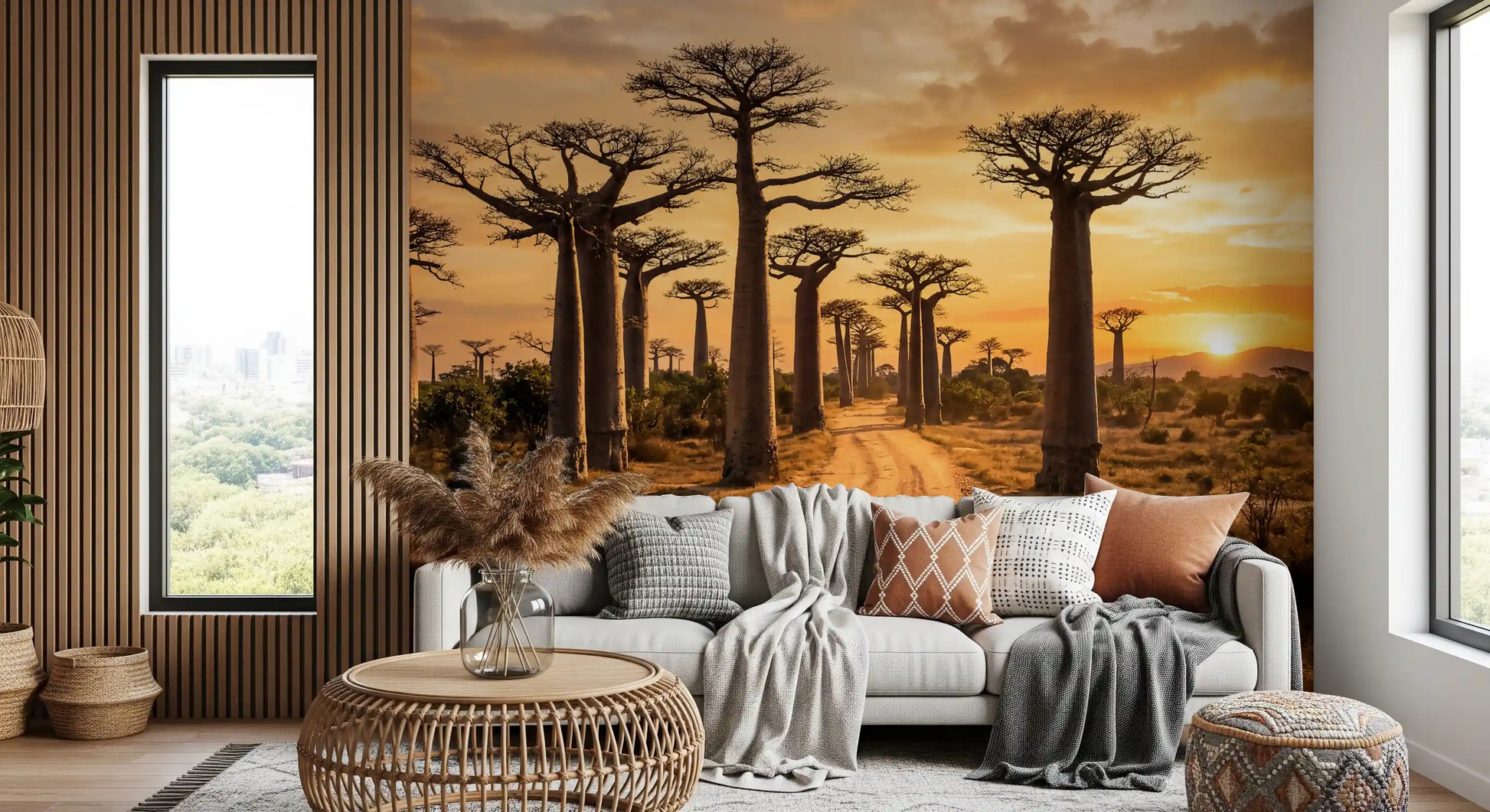 Living room with Golden Baobab Path wall mural and warm tree view