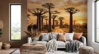 Living room with Golden Baobab Path wall mural and warm tree view