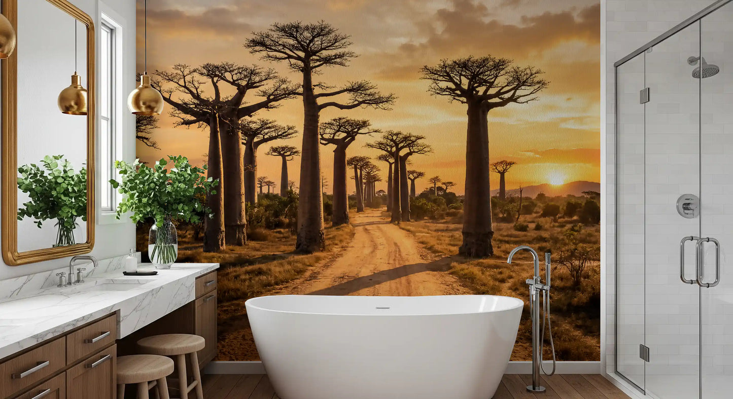 Bathroom featuring Golden Baobab wall mural and sunset trees