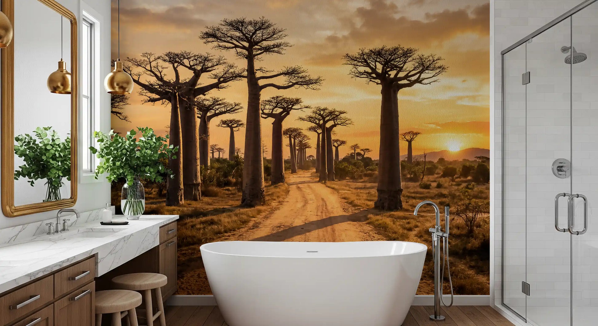 Bathroom featuring Golden Baobab wall mural and sunset trees