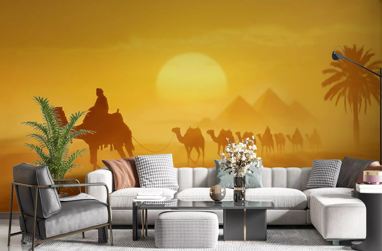 Living room with Golden Desert Caravan wall mural and dune glow