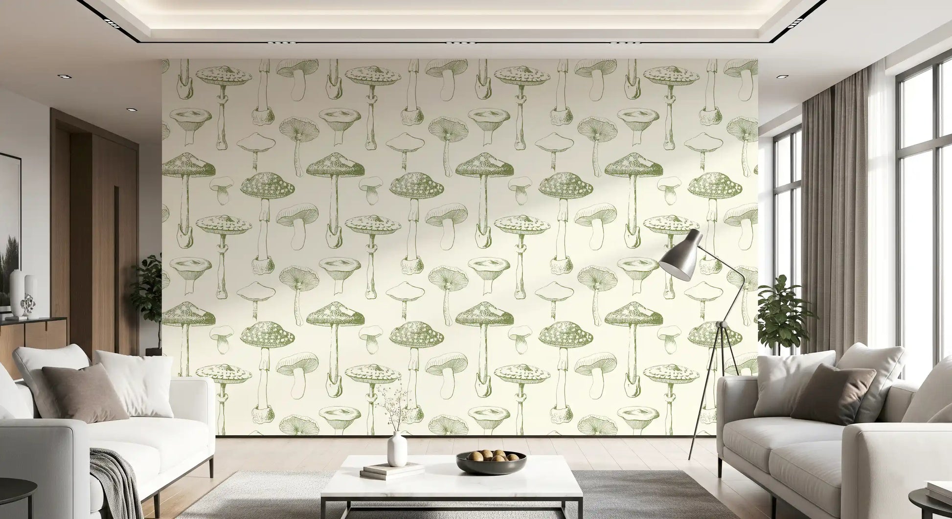Living room finished in Ancient Mushrooms wallpaper with calm line art