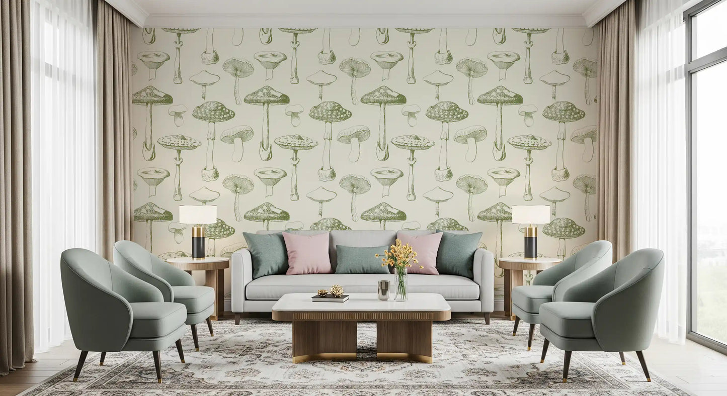 Botanical linework gives Ancient Mushrooms wallpaper a soft look