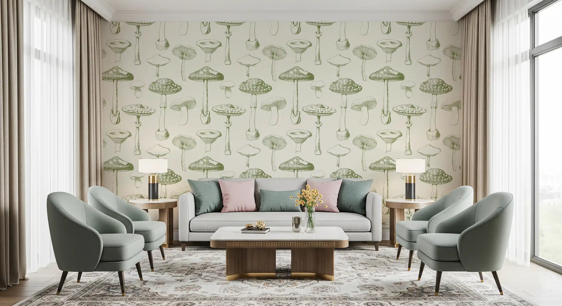 Botanical linework gives Ancient Mushrooms wallpaper a soft look
