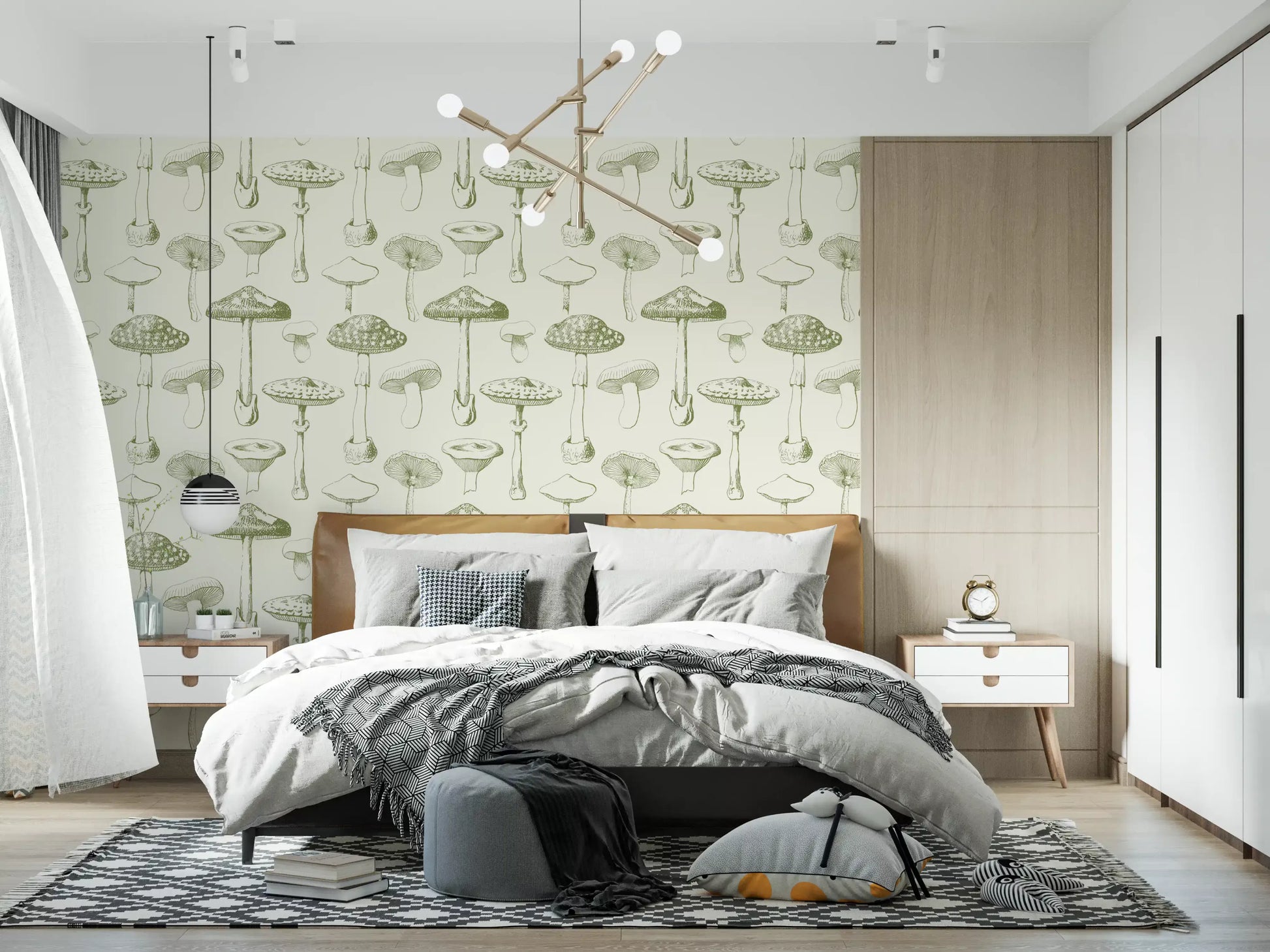 Ancient Forest Mushrooms wallpaper in bedroom with sage sketch detail