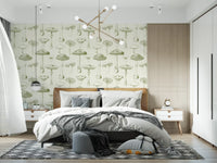 Ancient Forest Mushrooms wallpaper in bedroom with sage sketch detail