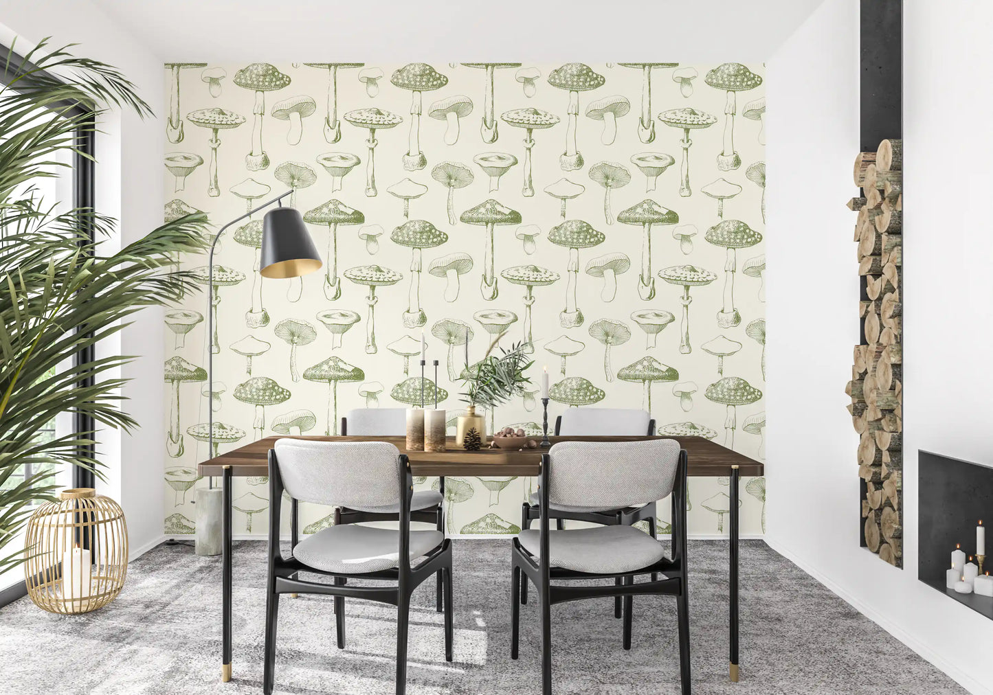 Dining room wall with Ancient Forest wallpaper and mushroom sketches