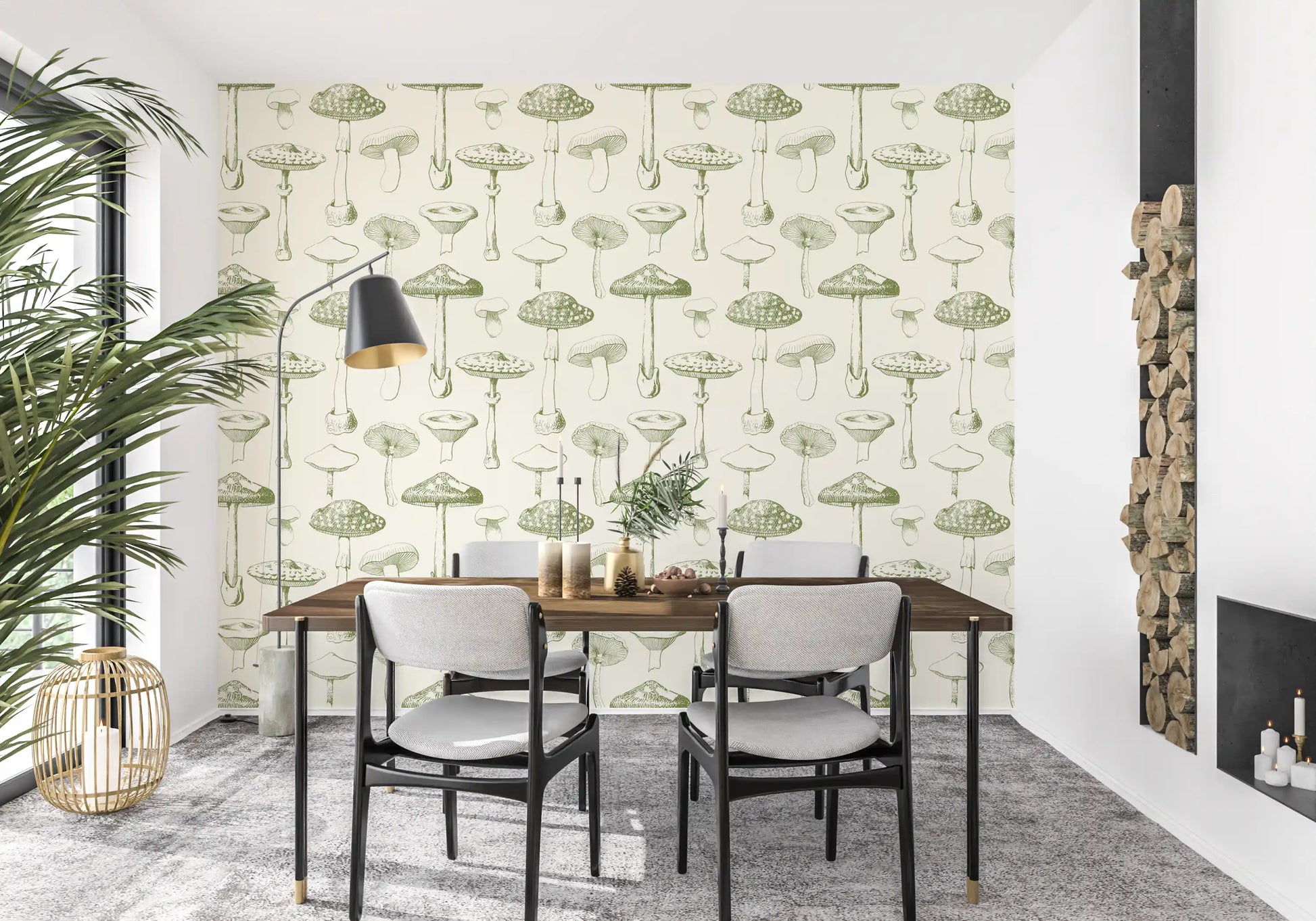 Dining room wall with Ancient Forest wallpaper and mushroom sketches