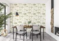 Dining room wall with Ancient Forest wallpaper and mushroom sketches