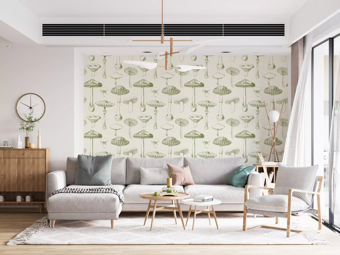 Cream wallpaper showing Forest Mushrooms in vintage botanical style