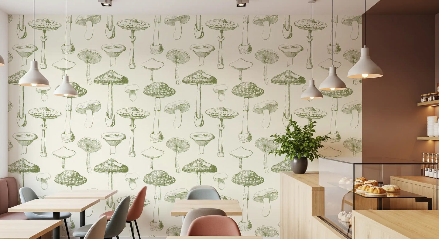 Vintage-style Ancient Forest wallpaper with neat mushroom outlines