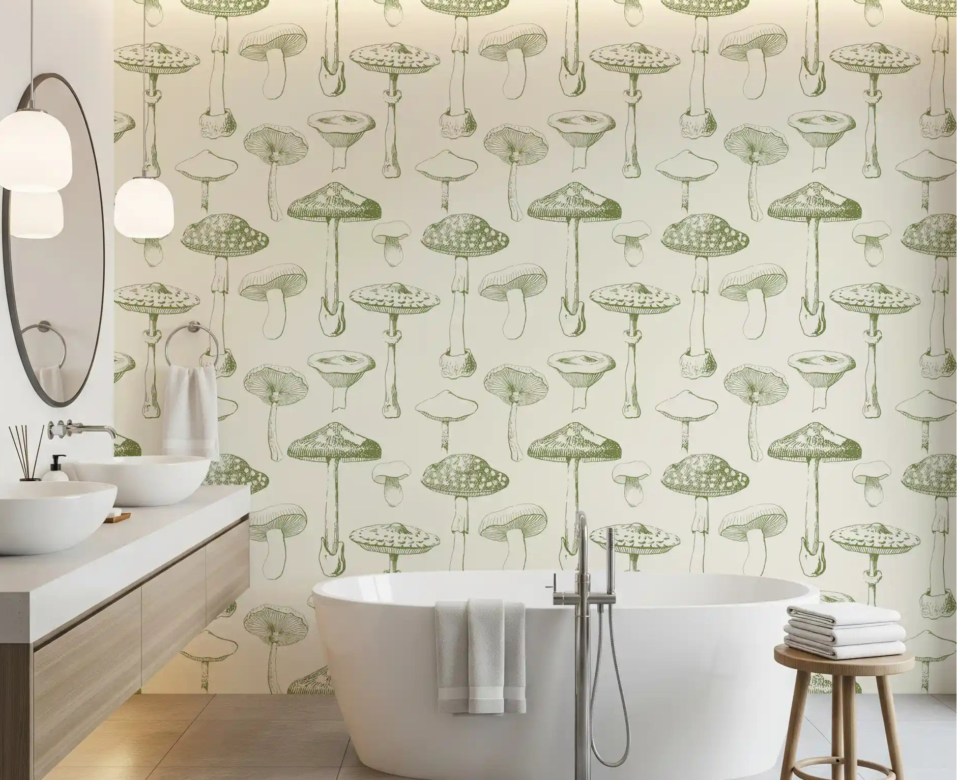 Calm cream surface with Forest mushroom motifs and fine detailing