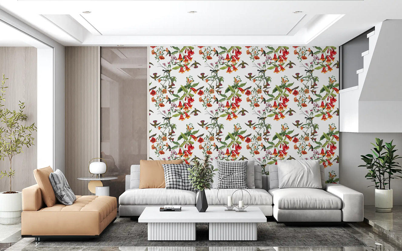 Living room with Exotic Garden Birds Wallpaper and bright tropical blooms